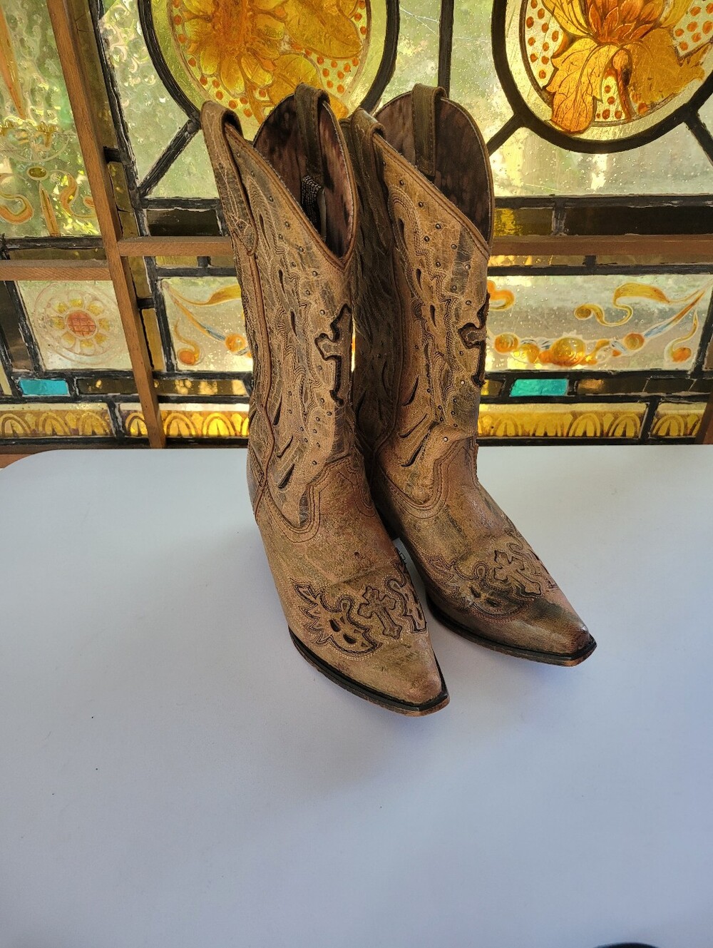 Laredo 6.5 Women's Brown Embroidered Western Cowboy Boots Cross Detail